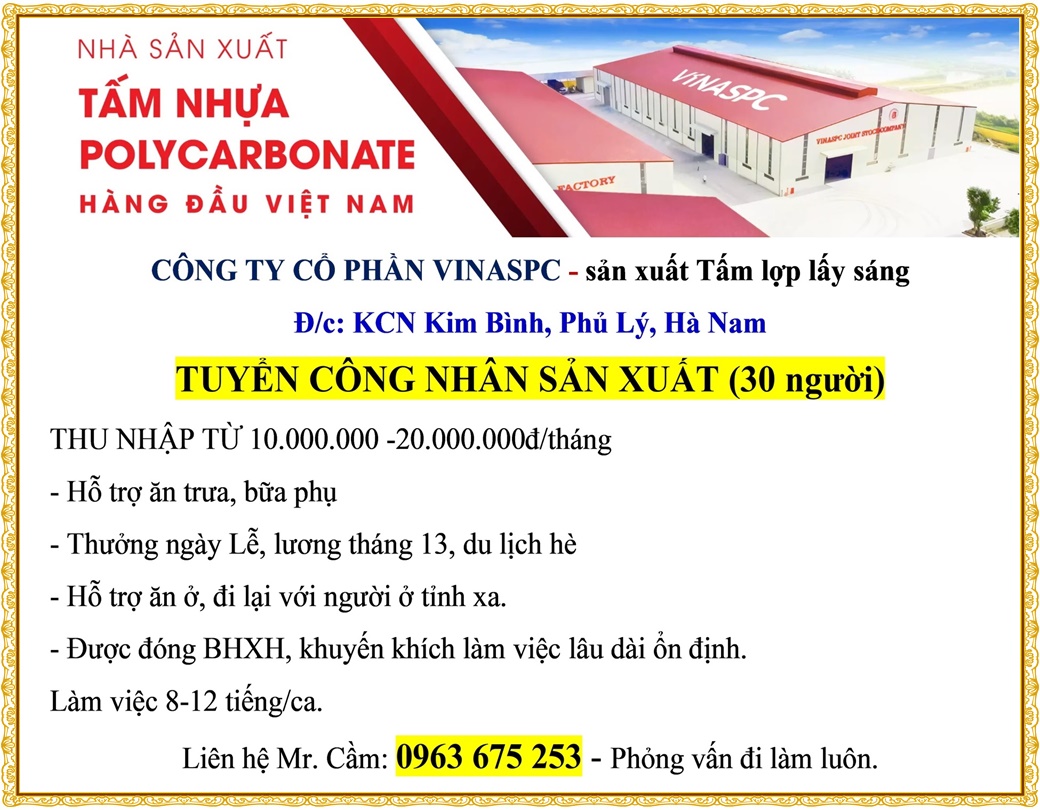 Tuyển công nhân sản xuất (30 người)