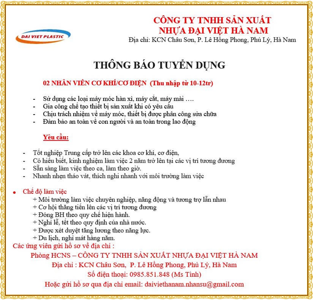 Thông báo tuyển dụng 02 nhân viên cơ khí/ cơ điện