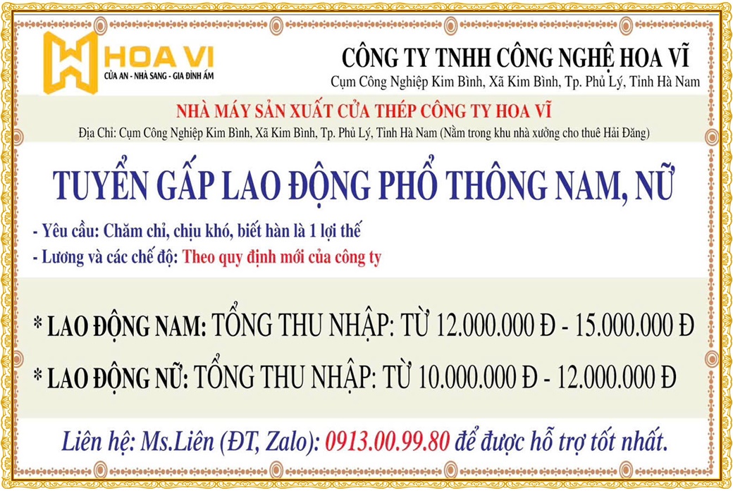 Tuyển gấp lao động phổ phông Nam Nữ