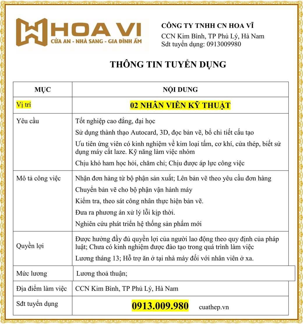 Tuyển dụng nhân viên Kỹ Thuật