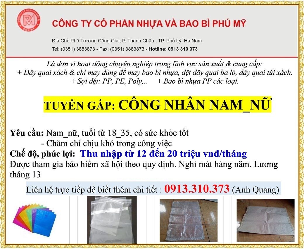 Tuyển gấp công nhân Nam Nữ