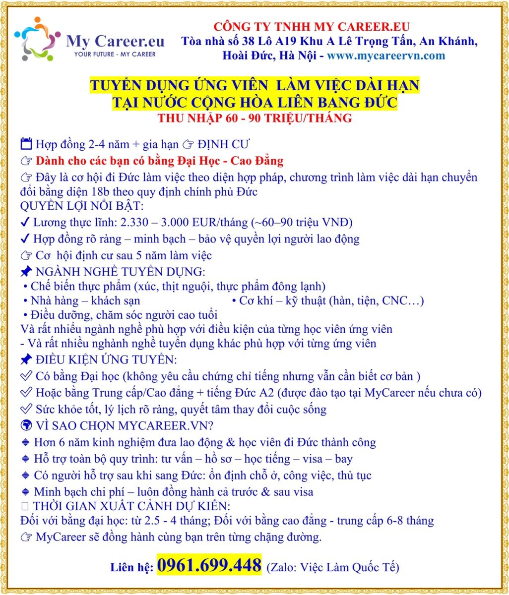 Tuyển Dụng Ứng Viên Làm Vệc Dài Hạn Tại Nước Cộng Hòa Liên Bang Đức