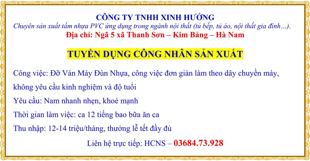 Công ty TNHH Xinh Hưởng tuyển dụng công nhân sản xuất