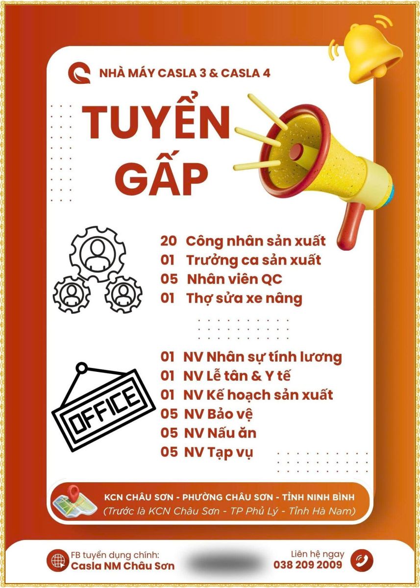 Tuyển gấp nhiều vị trí cho nhà máy