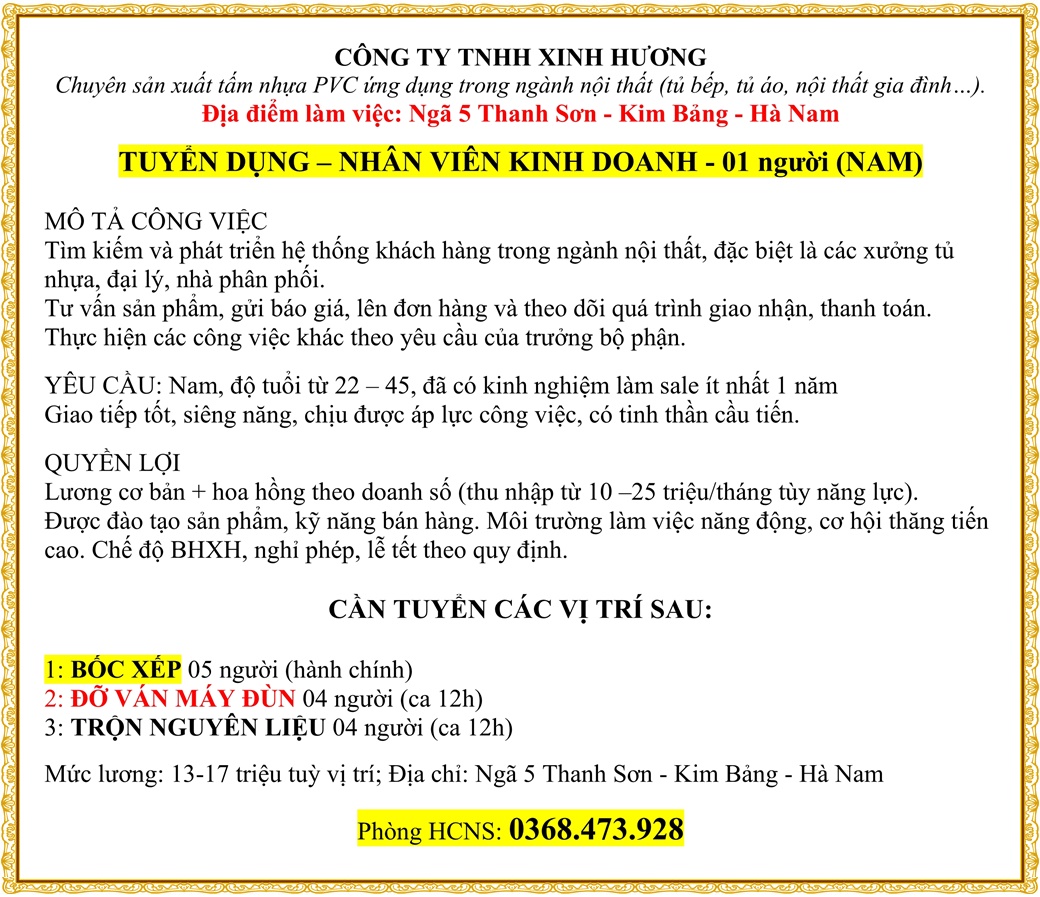 Tuyển dụng nhân viên kinh doanh - 01 người (Nam)