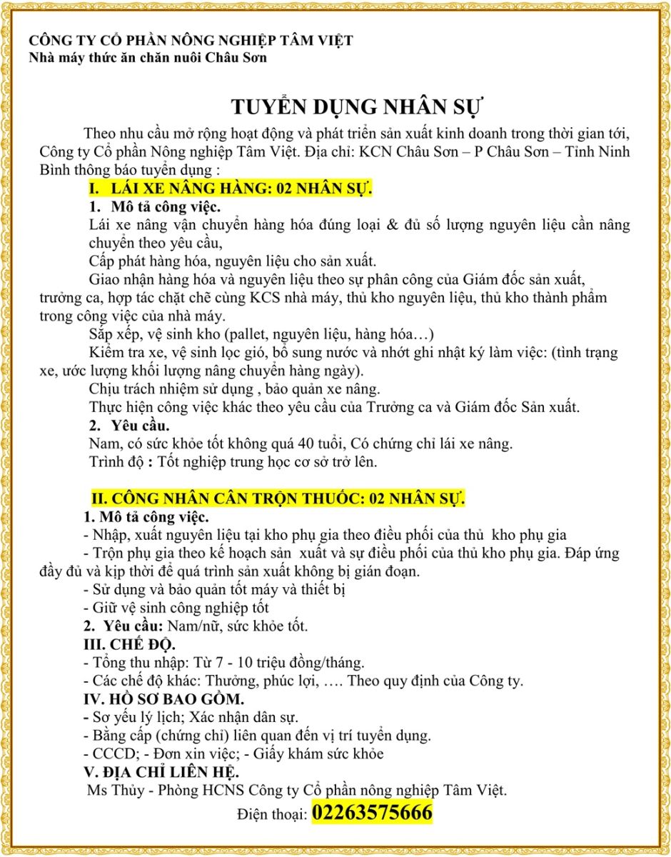 Tuyển dụng lái xe nâng hàng, công nhân trộn thuốc cho nhà máy