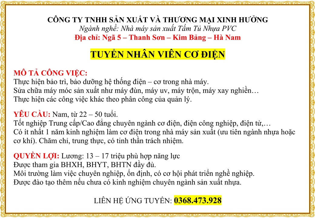 Tuyển nhân viên cơ điện