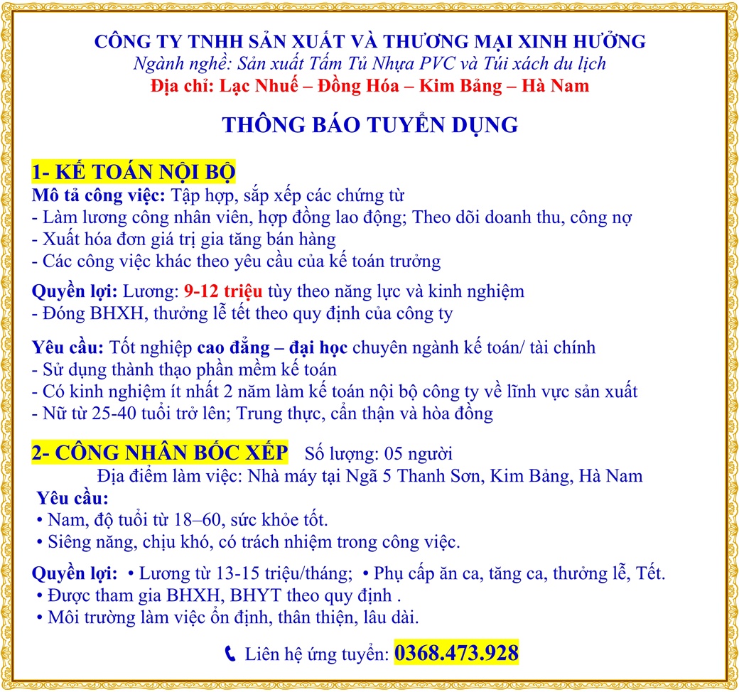 Thông báo tuyển dụng kế toán nội bộ, công nhân bốc xếp
